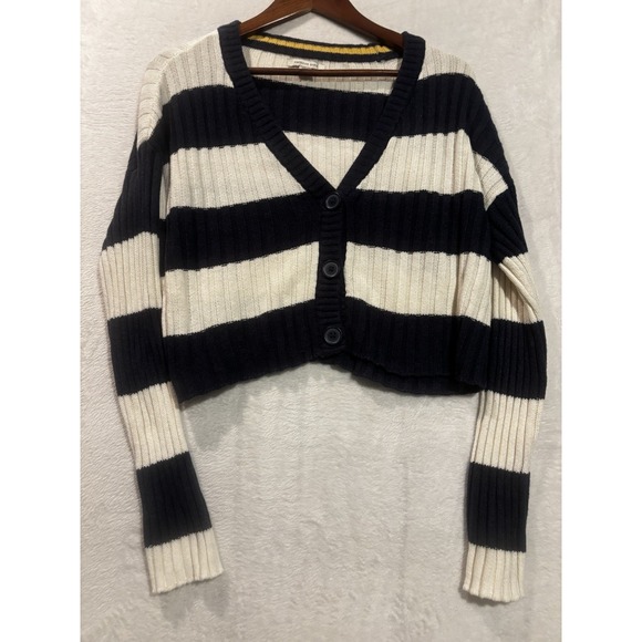 American Eagle Outfitters Sweaters - American Eagle Crop Cardigan Sweater Women's S Blue White Chunky Ribbed Striped‎